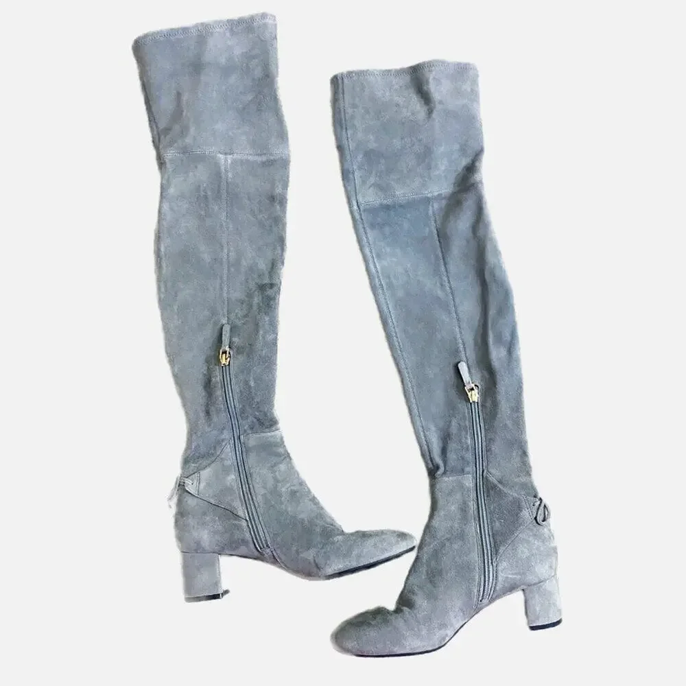 NWOB Tory Burch Gray Suede Over the Knee Boots Women's Sz 7 Side Zip Bow Detail